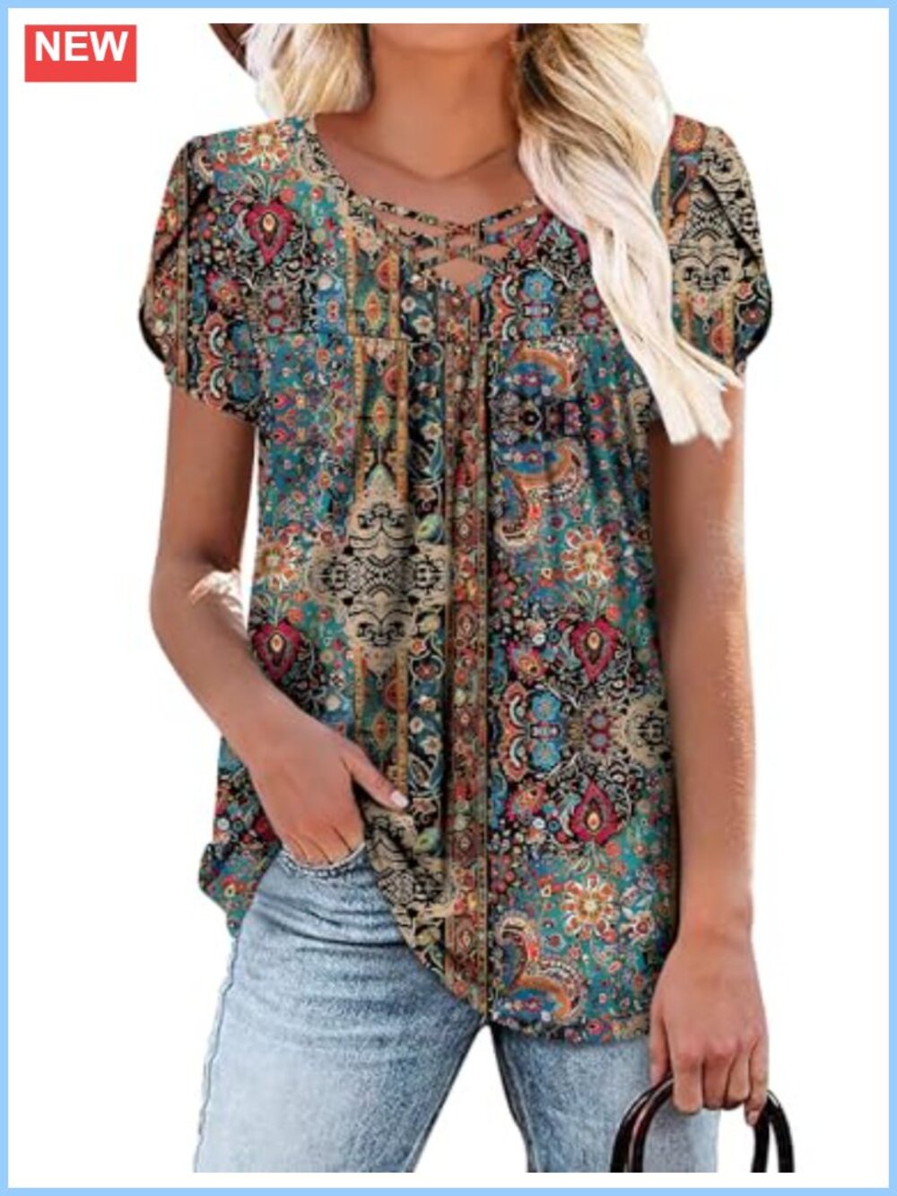 Womens V Neck Short Sleeve Tunic Top Flowy Blouse Loose Fit